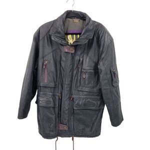 Vintage Genuine Leather‎ Flight  Jacket Mens 48 Black Detailed Pockets Steampunk